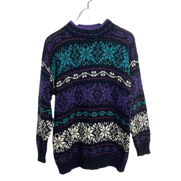 Vintage Women's ALPS Gray Aqua Mock Neck Fair Isle Snowflake Wool Sweater Size M - Picture 1 of 8